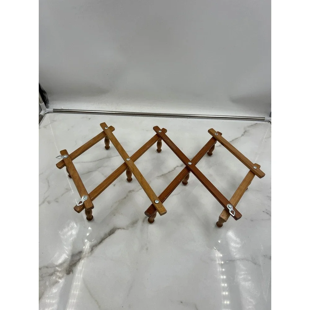 VTG Wood Accordion Wall Rack Expandable 10 Peg Hat Coat Mug Rack Natural Wood